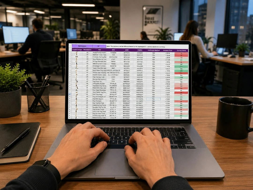 Pemilik bisnis memeriksa keyword dan hasil pencarian pada laptop